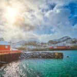 Red rorbu houses on the Lofoten Islands, Norway, surrounded by clear turquoise water and snow-covered hills under a bright sunlit sky.