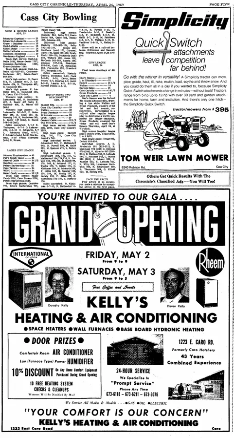 Historic newspaper advertisement for Kelly's Heating & Air Conditioning's grand opening, featuring promotional details, service offerings, and the business's commitment to customer satisfaction in HVAC services.