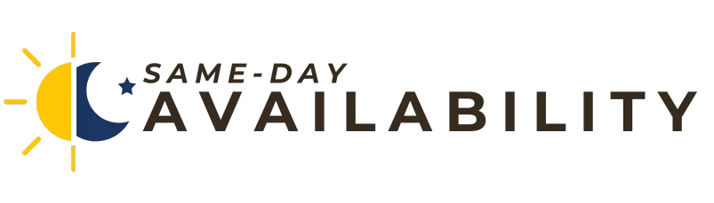 Same-Day Availability logo. Half sun, half moon, with text reading Same-Day Availability. Lewisville, TX.