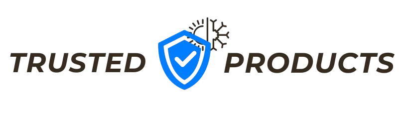 Trusted Products logo with a blue shield and checkmark. Gear icon in the background. Represents quality assurance and reliable solutions.