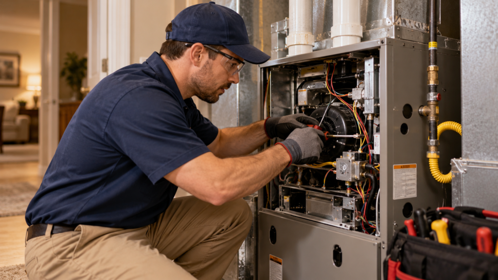 Technician kneeling beside open furnace panel while performing indoor heating system diagnostics.