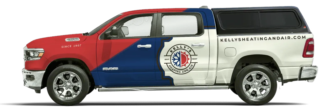 Kelly's Heating and Air truck. Side view of a service vehicle for HVAC services. Red, blue, and white truck with company logo. Lewisville, TX.