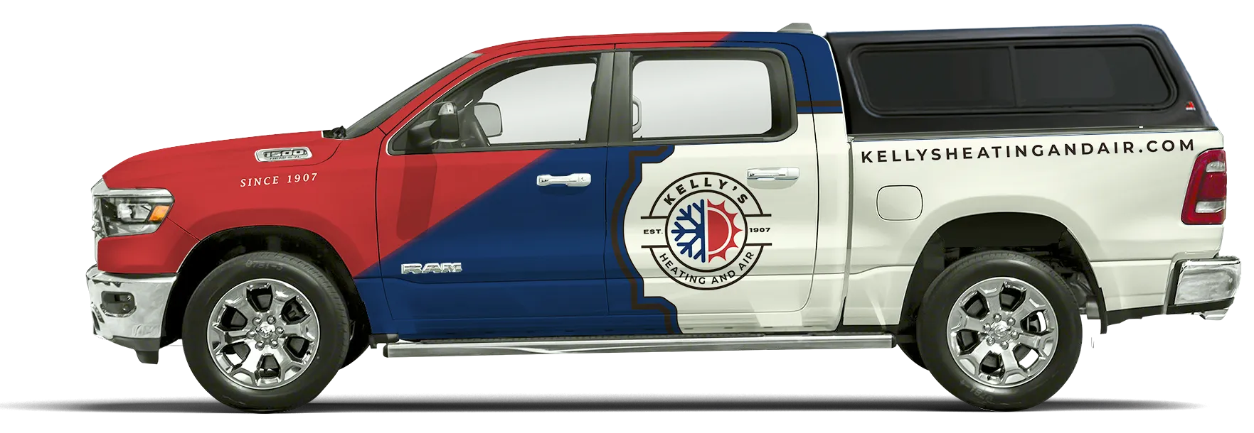 Kelly's Heating and Air truck. Side view of a service vehicle for HVAC services. Red, blue, and white truck with company logo. Lewisville, TX.