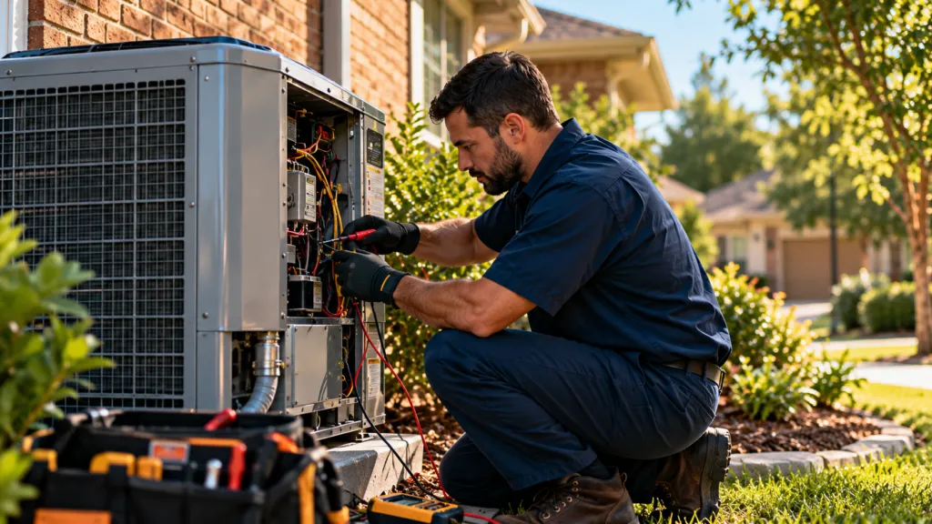 HVAC technician repairing outdoor air conditioning unit during residential repair call in Lewisville Texas.