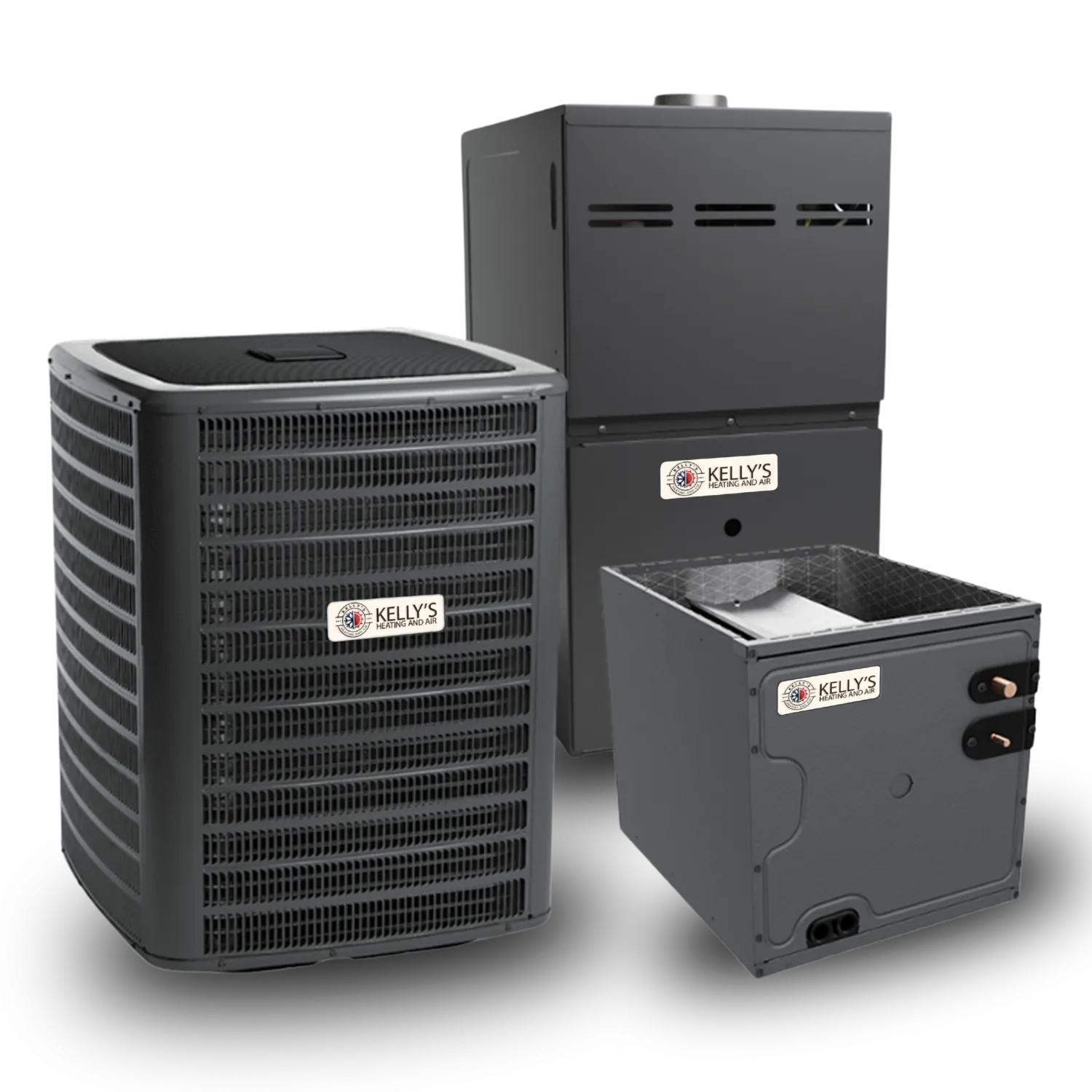 HVAC system components: air conditioner, furnace, and evaporator coil. Kelly's Heating and Air Conditioning provides HVAC services in Lewisville, TX.