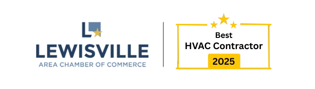 Lewisville Area Chamber of Commerce logo next to a rectangle with three stars and the year 2025, promoting business growth.