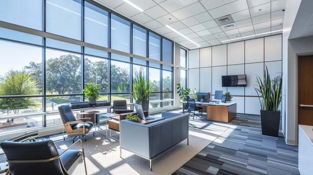 Modern office interior with large windows, comfortable seating, plants, and workspace, showcasing a bright and inviting environment for HVAC consultations in Flower Mound, TX.