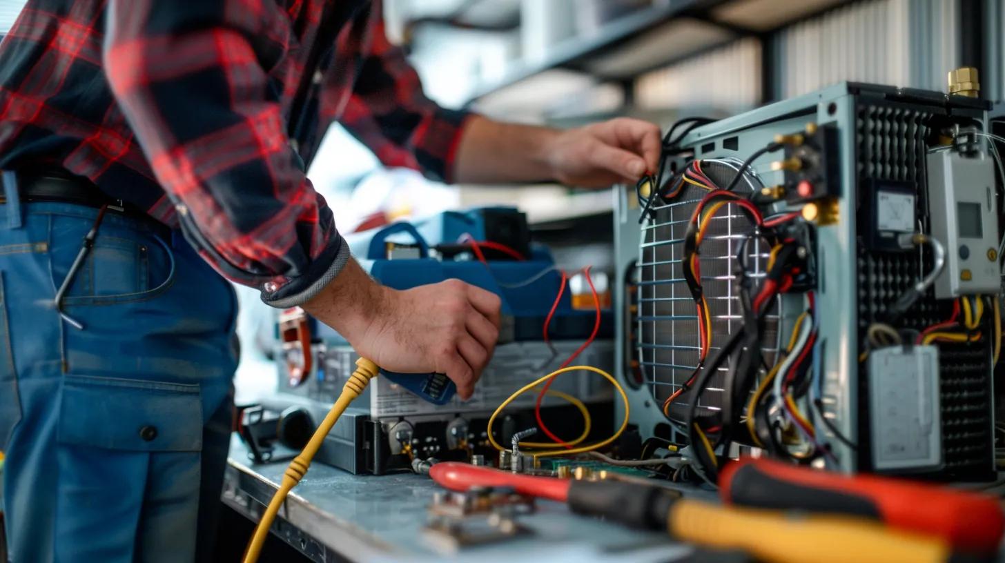 Technician repairing air conditioning unit with tools and equipment in workshop, emphasizing HVAC maintenance and repair services.