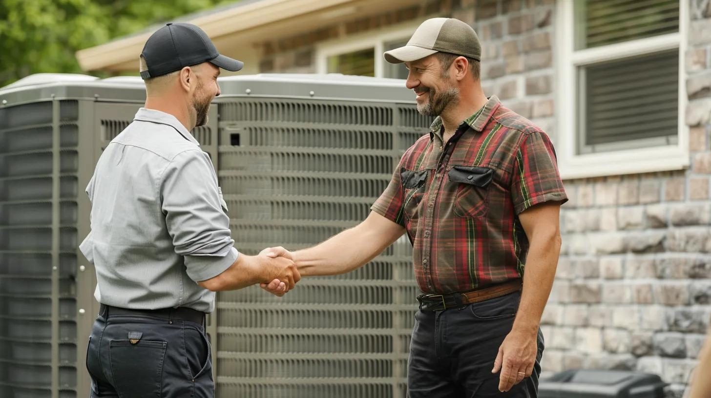Technician and homeowner shaking hands in front of an air conditioning unit, symbolizing reliable emergency HVAC service and customer satisfaction.