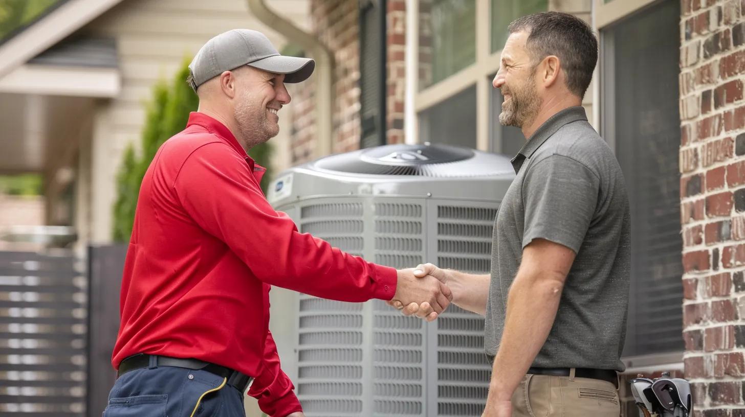 Technician in red shirt shaking hands with homeowner near air conditioning unit, symbolizing reliable HVAC service and customer satisfaction in Flower Mound.
