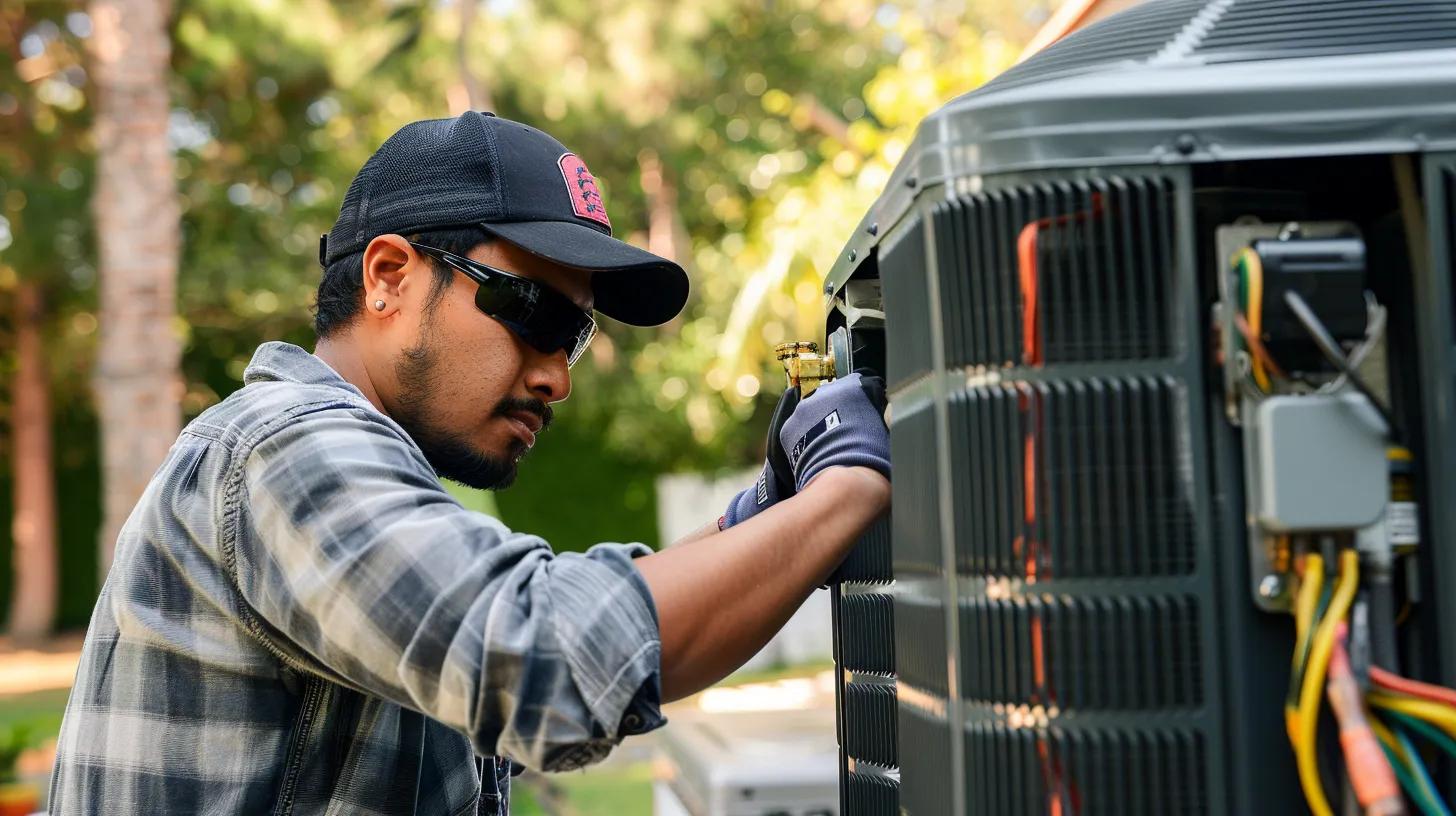 Technician repairing an air conditioning unit outdoors, wearing gloves and sunglasses, focused on ensuring reliable cooling during Texas heat.