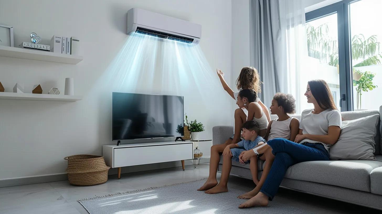Family enjoying cool air from a wall-mounted air conditioning unit in a modern living room, highlighting comfort and energy efficiency.