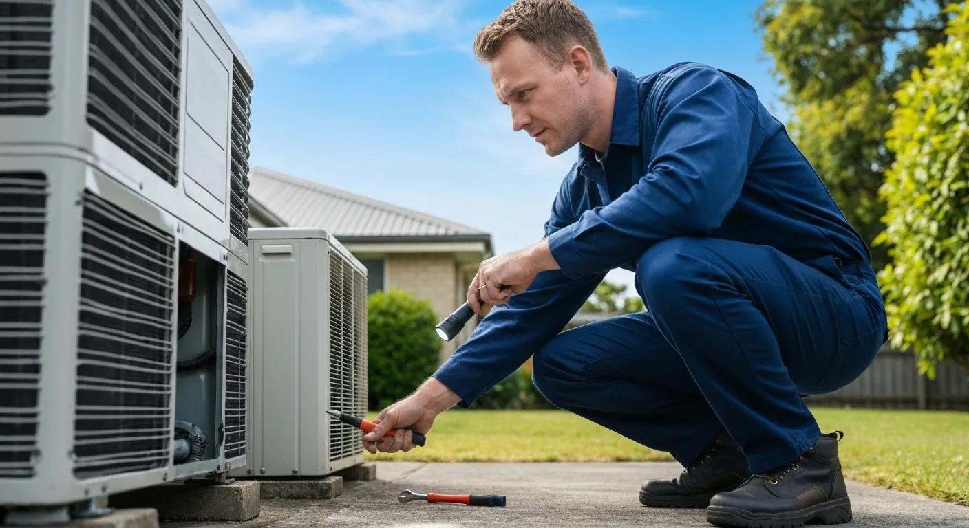 HVAC technician performing maintenance on air conditioning units outside a residential property in Flower Mound, TX.