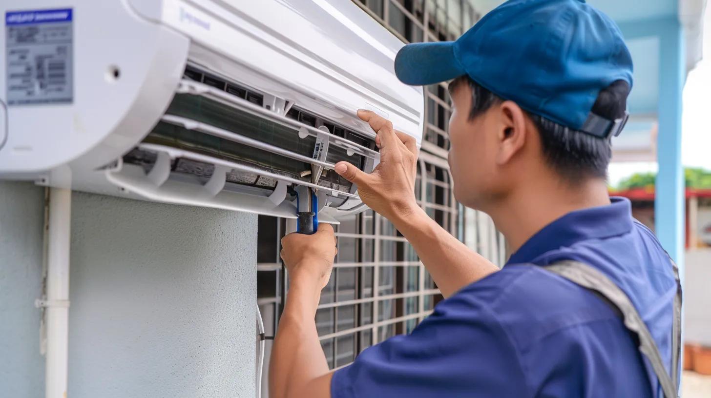 Technician performing maintenance on an air conditioning unit, ensuring efficient cooling and HVAC system reliability.