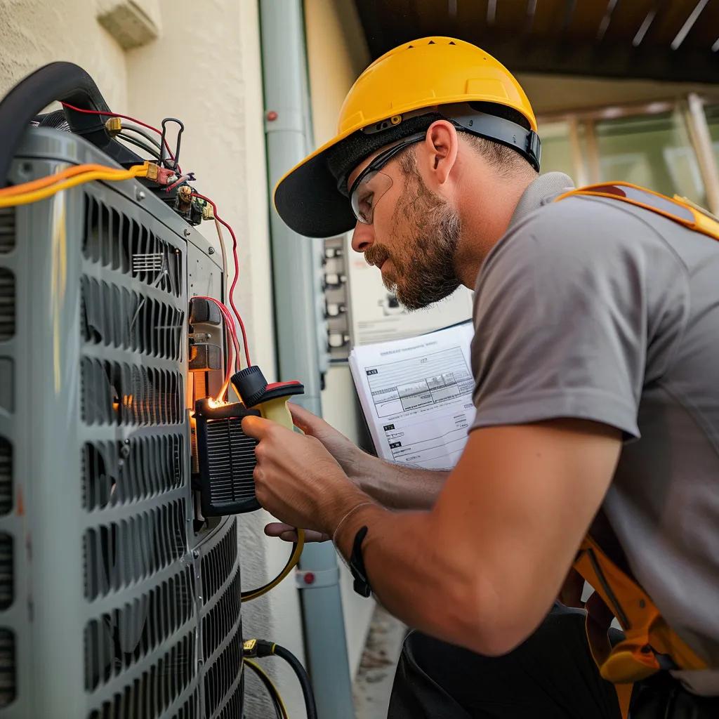 Technician in safety gear inspecting HVAC unit with diagnostic tools and paperwork, emphasizing emergency air conditioning repair services in Flower Mound.