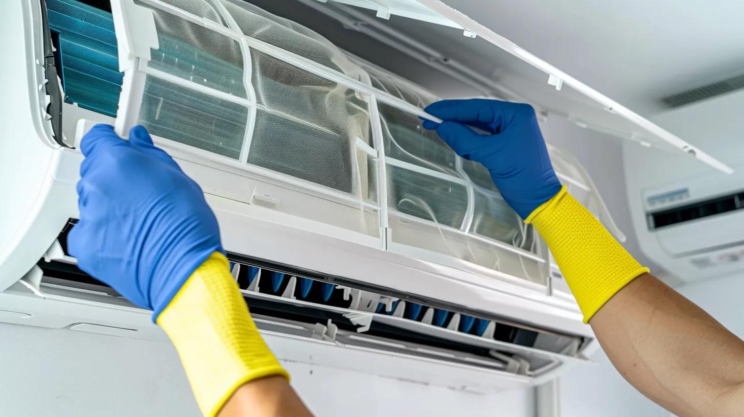 Person wearing blue gloves and yellow sleeves cleaning an air conditioning unit filter, emphasizing maintenance for HVAC efficiency and comfort.