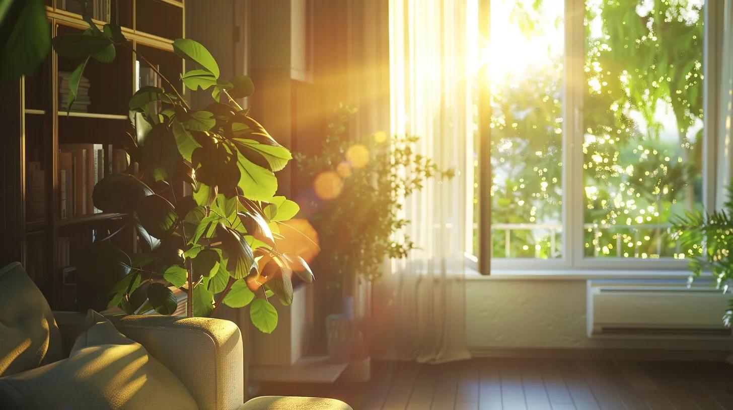 Sunlight streaming through an open window illuminating indoor plants and a cozy couch, creating a warm and inviting atmosphere, relevant to emergency air conditioning services for comfort in homes.