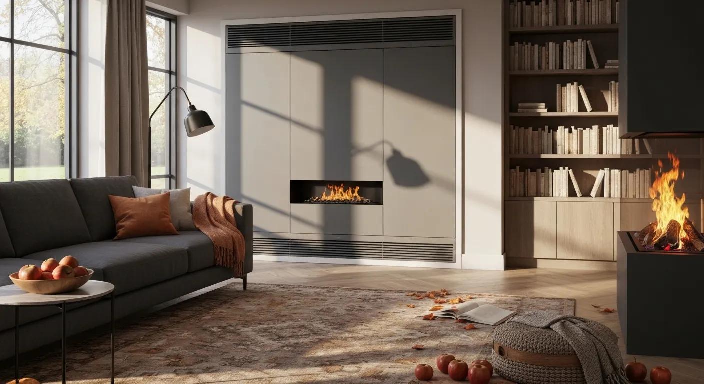 Modern living room with a cozy sofa, decorative pillows, and a fireplace, featuring a warm atmosphere ideal for fall HVAC maintenance preparations in Flower Mound.