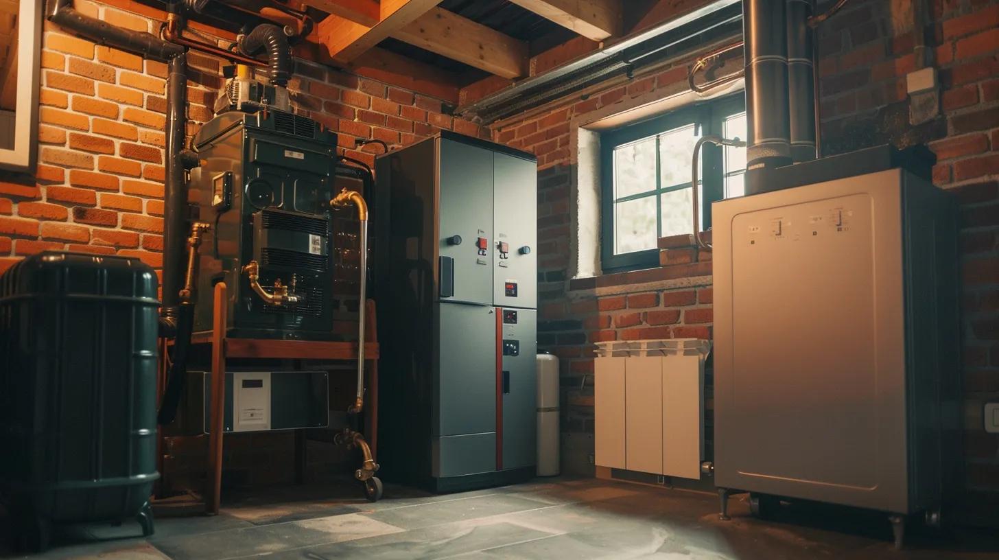 Furnace and heating equipment in a basement setting, showcasing a modern heating system and a radiator, relevant to emergency furnace repair services in Flower Mound.