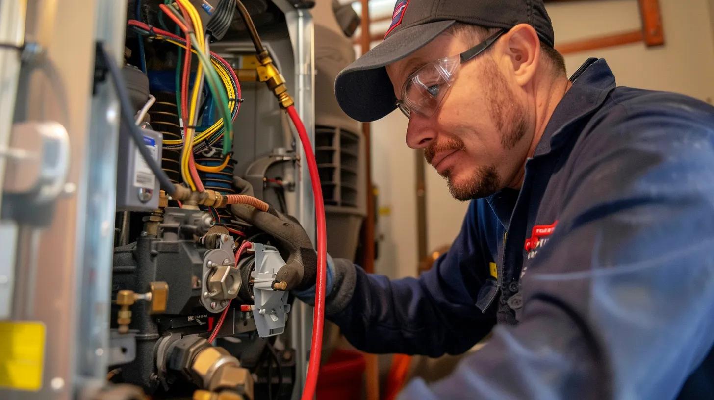 Technician inspecting furnace components and wiring, emphasizing emergency furnace repair services in Flower Mound, Texas.