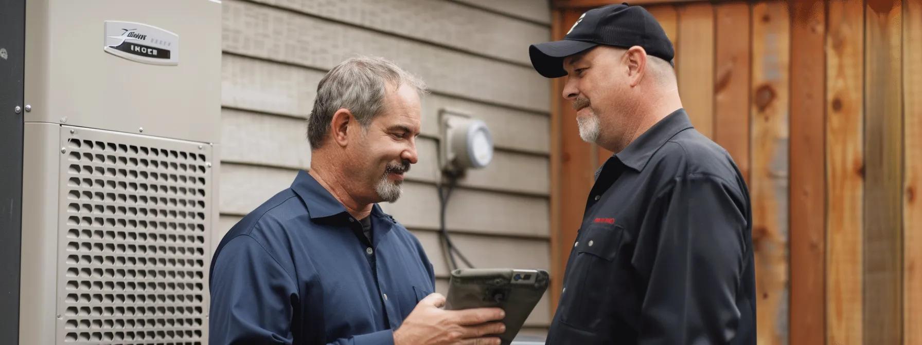 Technician discussing HVAC maintenance with customer near outdoor unit, emphasizing safety and inspection for heating systems.