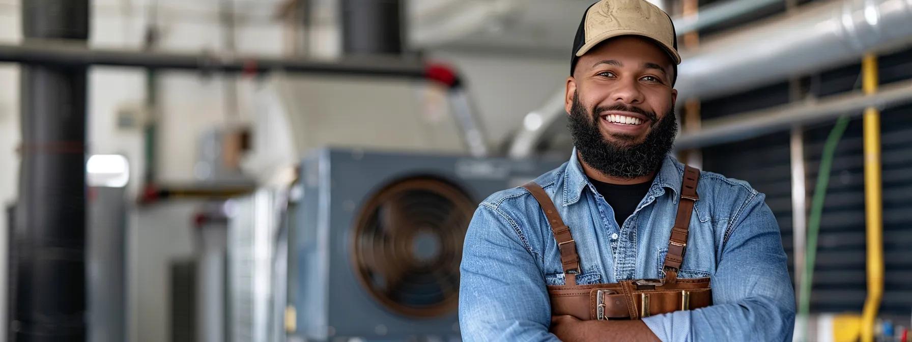Smiling HVAC technician in a workshop, showcasing expertise in furnace maintenance and repair services for energy efficiency in Flower Mound.
