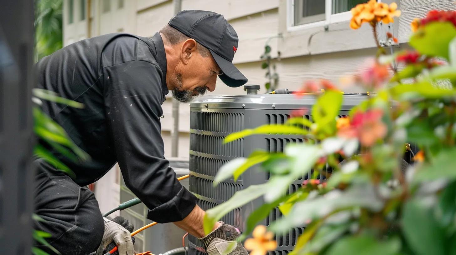 HVAC technician performing maintenance (changing filters, checking outdoor AC unit, or inspecting a furnace)