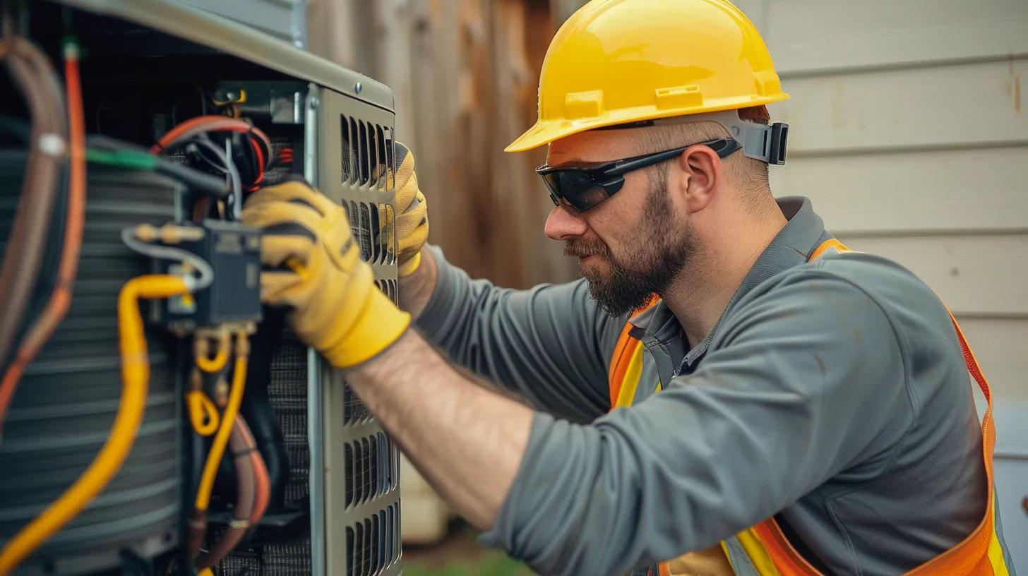 HVAC technician in a yellow hard hat and gloves performing maintenance on an air conditioning unit, emphasizing the importance of regular HVAC system check-ups for homeowners in Flower Mound.
