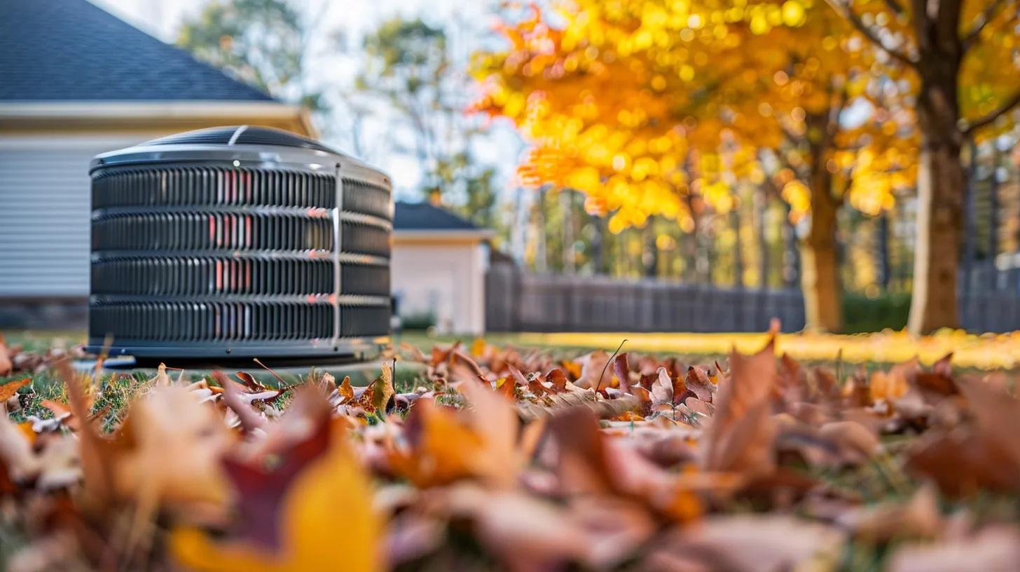 HVAC unit surrounded by colorful autumn leaves in a residential yard, emphasizing fall maintenance for heating systems in Flower Mound.