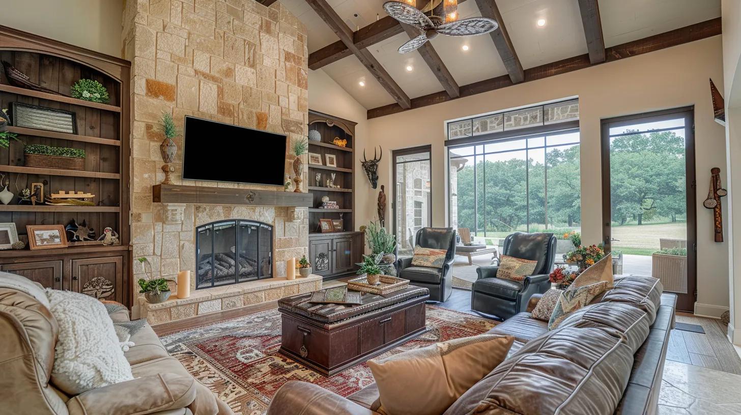 Cozy living room featuring a stone fireplace, wooden beams, plush seating, and large windows overlooking a green landscape, illustrating a comfortable space for HVAC maintenance discussions.