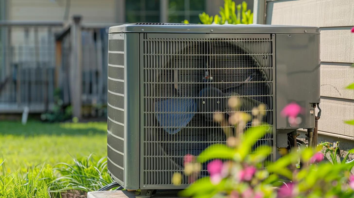 HVAC unit in residential yard surrounded by greenery and flowers, emphasizing home comfort and energy efficiency in Flower Mound.