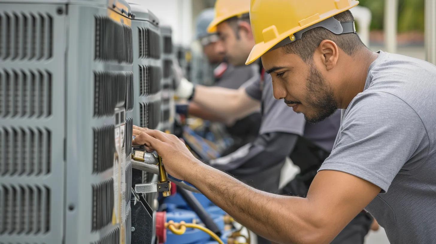 HVAC technicians performing maintenance on air conditioning units, focusing on energy-efficient service for homeowners in Flower Mound, Texas.
