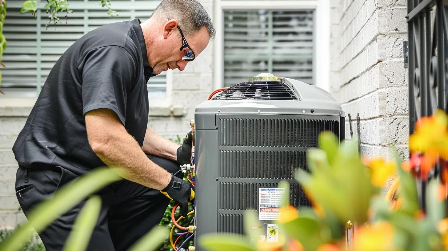 HVAC technician servicing an air conditioning unit outdoors, surrounded by greenery, emphasizing maintenance for optimal system performance in Flower Mound.