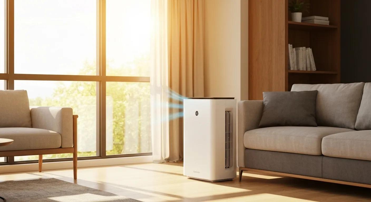 Indoor air conditioner unit blowing cool air in a sunlit living room with a beige sofa and wooden bookshelf, emphasizing HVAC efficiency and comfort.