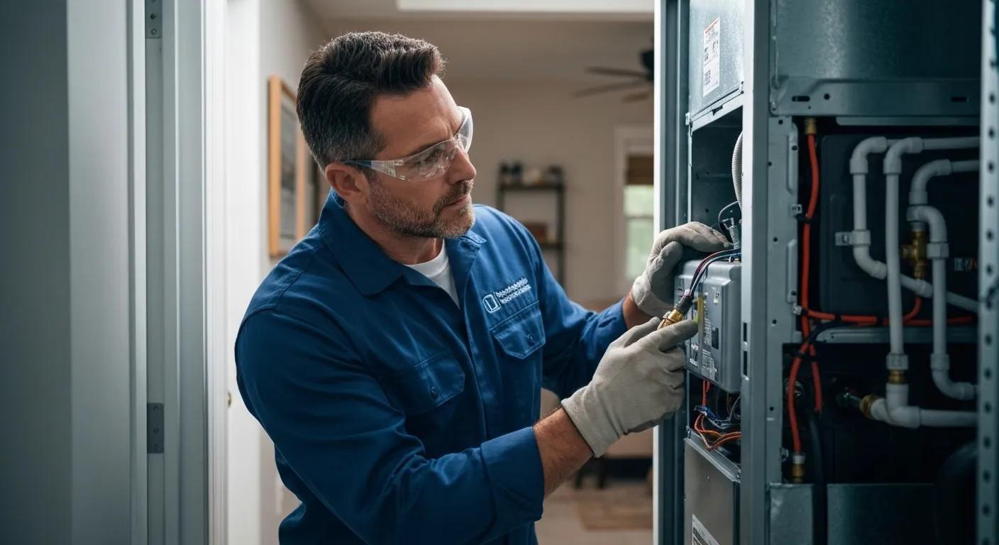 HVAC technician inspecting a heating system, ensuring optimal performance and safety for fall maintenance.
