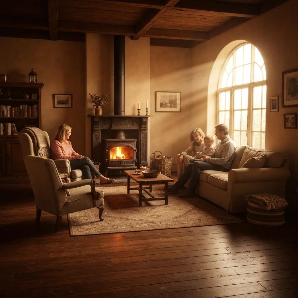 Cozy family gathering by a fireplace in a warm living room, highlighting the importance of heating during cold weather, relevant to emergency furnace repair guidance.