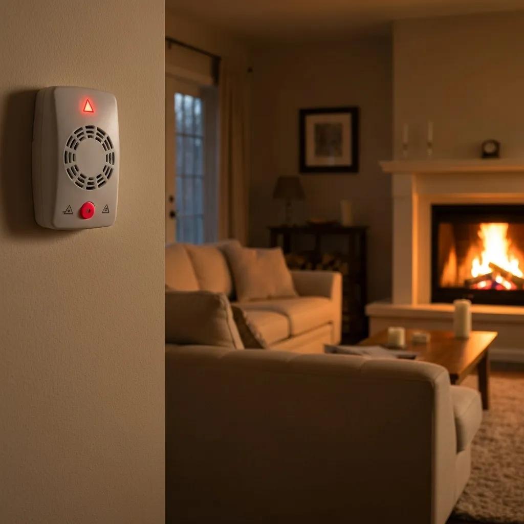 A modern carbon monoxide detector mounted on a wall in a comfortable home setting, emphasizing winter safety precautions