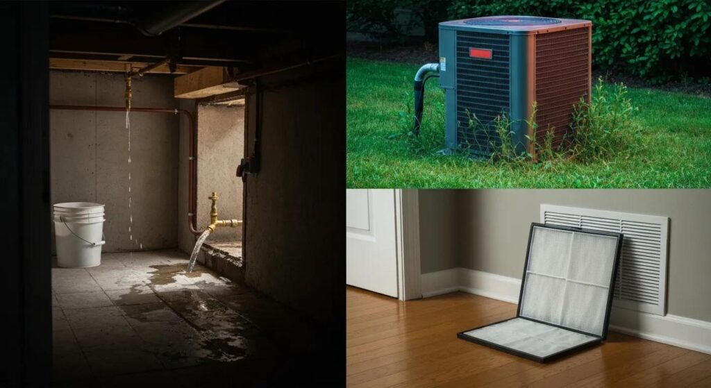 Common HVAC issues like leaks and broken units in a house