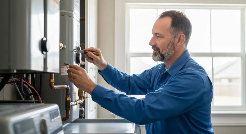 Friendly HVAC technician performing a thorough check on a home's heating and cooling system in Flower Mound, ensuring peak performance and comfort