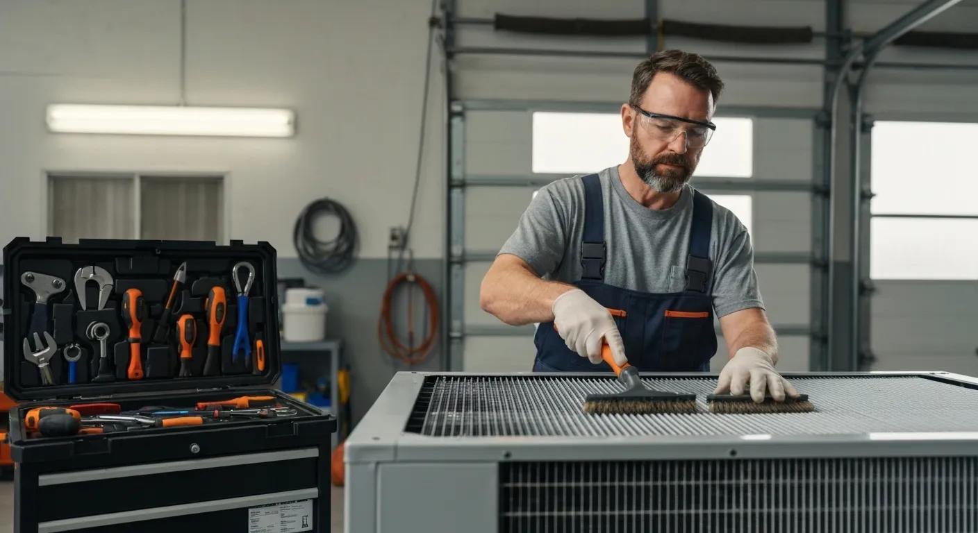 HVAC technician cleaning air conditioning unit with tools in maintenance workshop, emphasizing energy efficiency and system upkeep for Flower Mound homes.