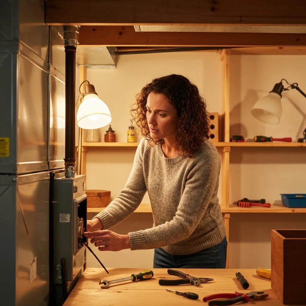 Homeowner checking out a furnace in a cozy basement