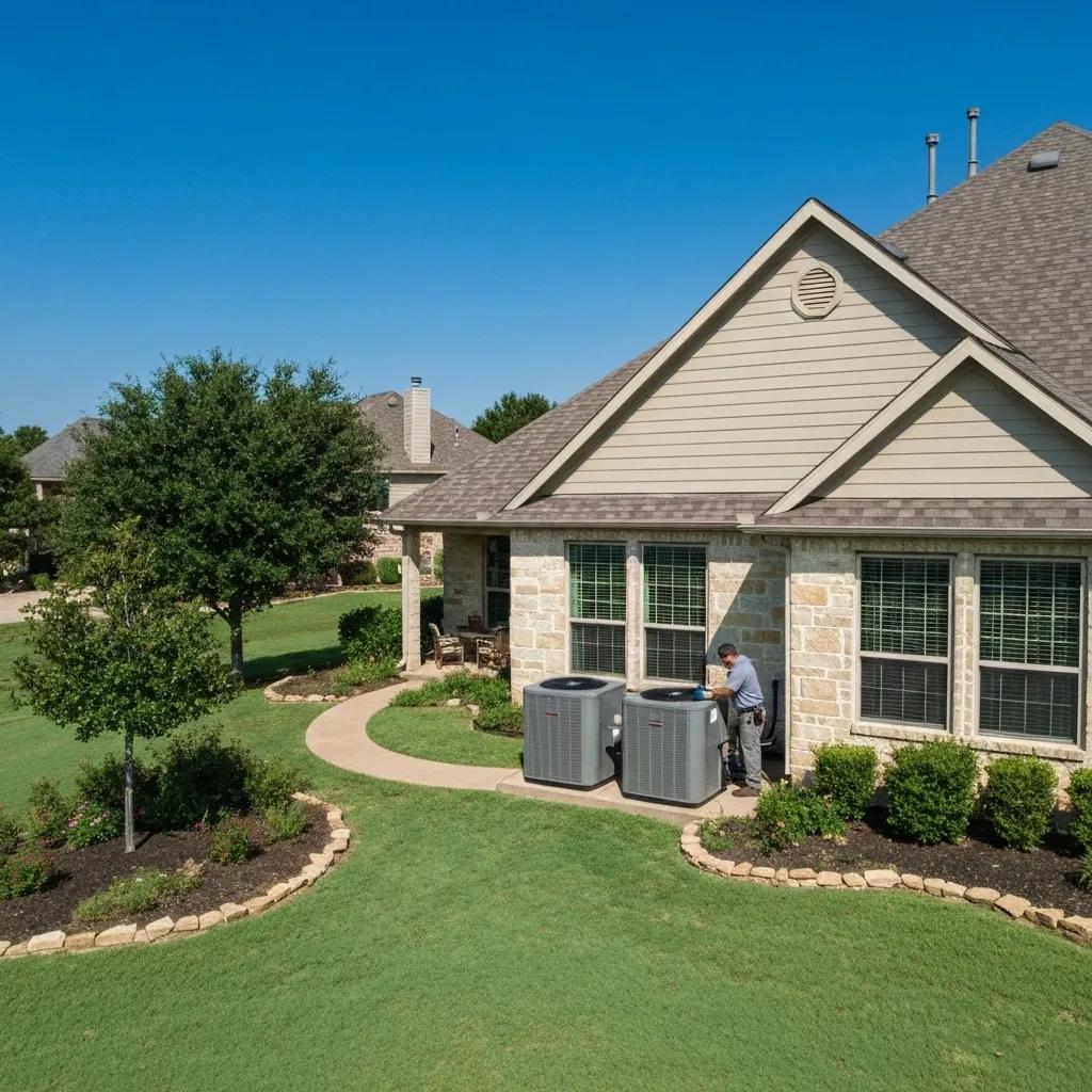 HVAC technician inspecting a residential air conditioning unit in Flower Mound, TX