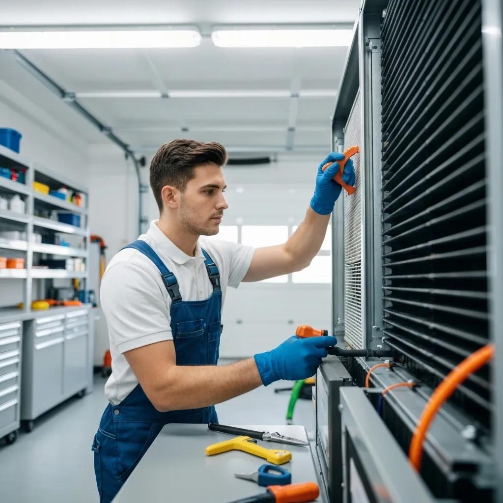 HVAC technician performing routine maintenance on a heating and cooling system