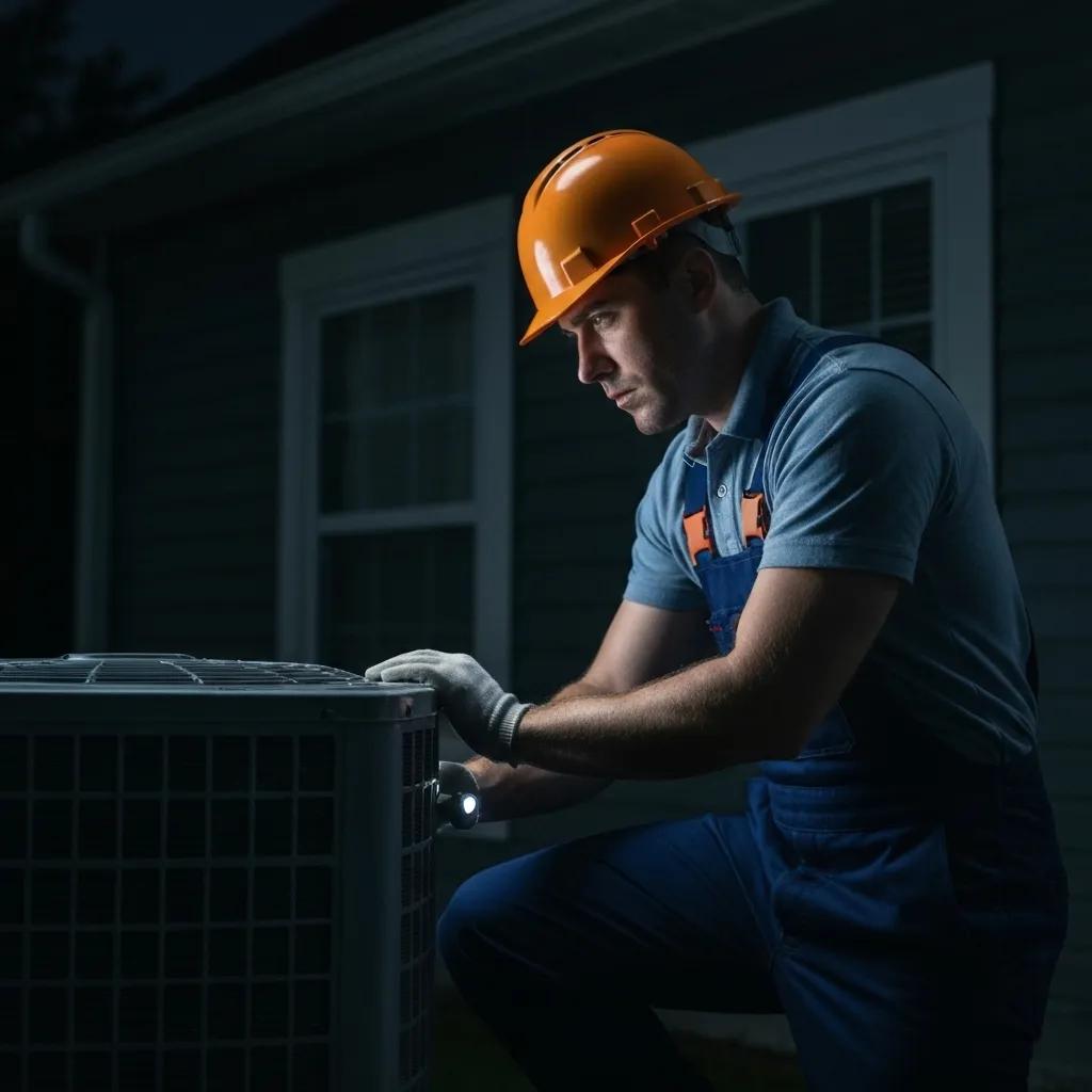 HVAC technician in an orange hard hat performing emergency repair on an air conditioning unit at night, emphasizing urgent HVAC service in Flower Mound.