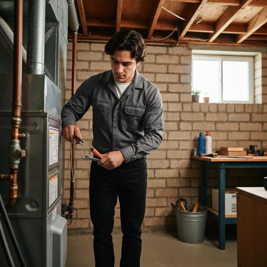 Technician inspecting a furnace in a home, illustrating common signs of furnace problems