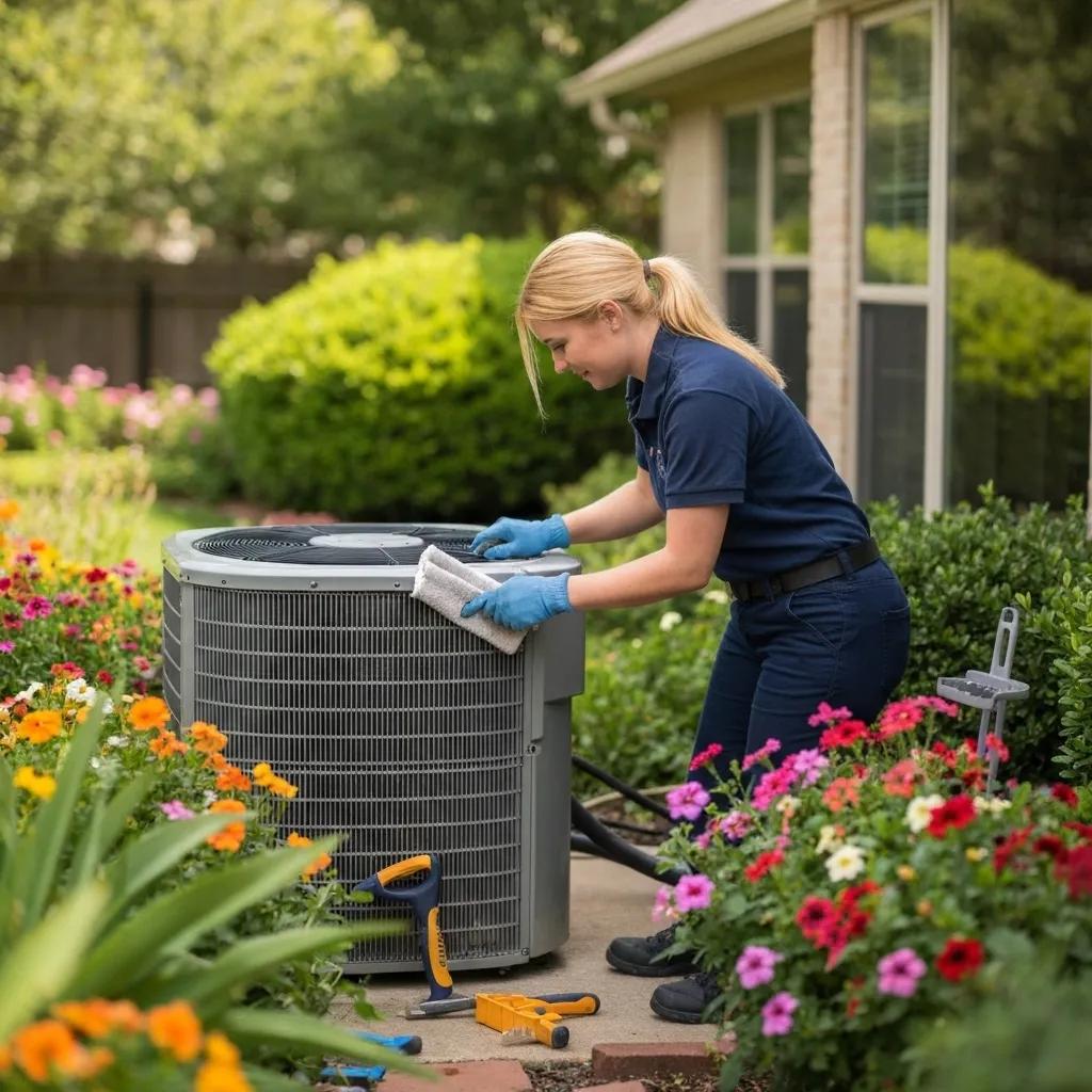 Technician performing HVAC preventative maintenance in a Flower Mound home