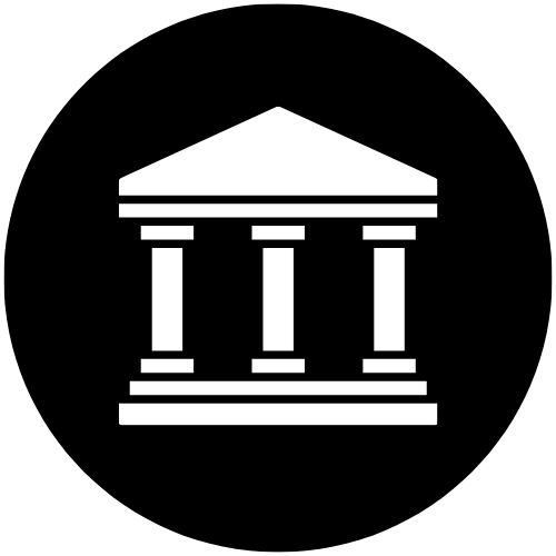 White bank icon on black circle. Represents financial institutions for financing options. Lewisville, TX, banking solutions.