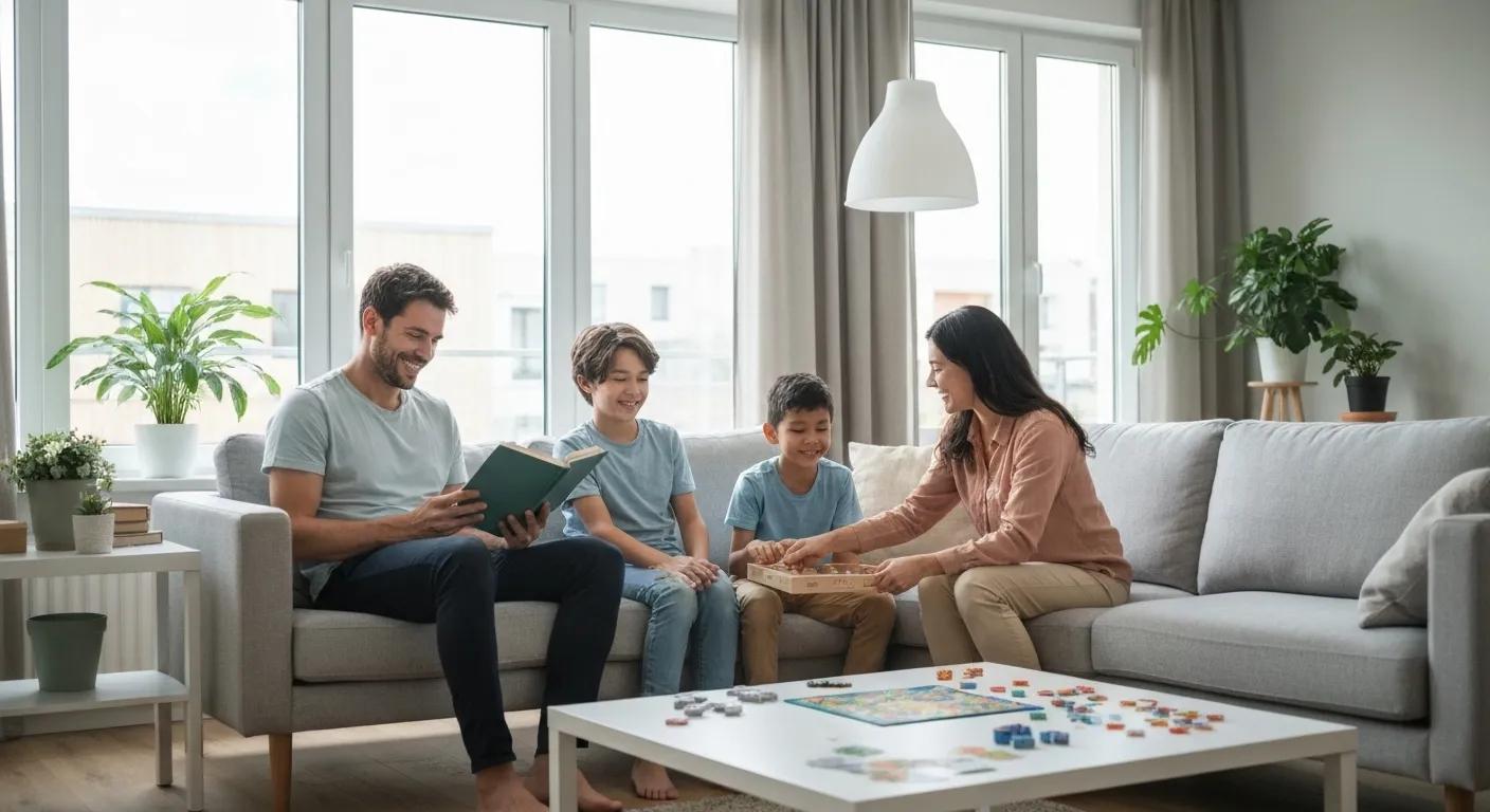 Family enjoying clean air in a cozy living room with air quality enhancements