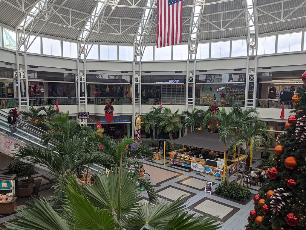 Mall interior with palm trees and Christmas decorations, Lewisville, TX. Open space with escalators and an American flag.