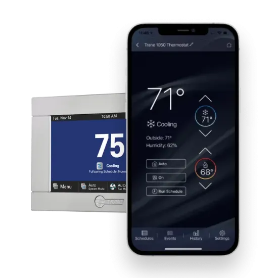 Smart thermostat display and mobile app interface showing temperature settings and humidity levels for efficient cooling management.